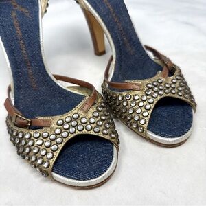 Giuseppe Zanotti Vicini Vintage Y2K Studded Leather Denim Block Heel Pumps 37